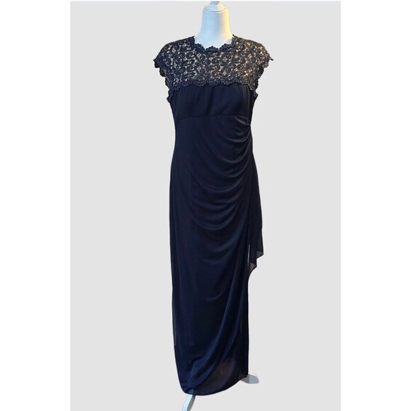 Alex Evenings Dresses & Skirts - Womens Alex Evenings Dress Holiday Formal Navy Lace Cap Ruched Chiffon size 14